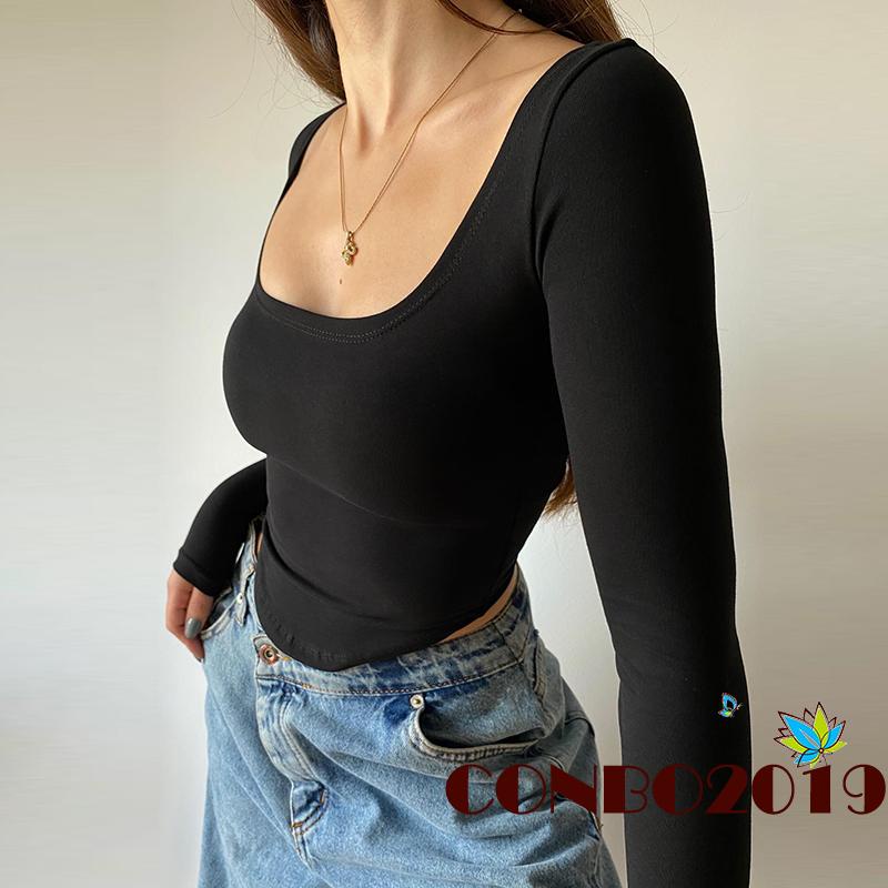 Áo Thun Dệt Kim Tay Dài Cổ Chữ U Màu Sắc Đơn Giản Cho Nữ