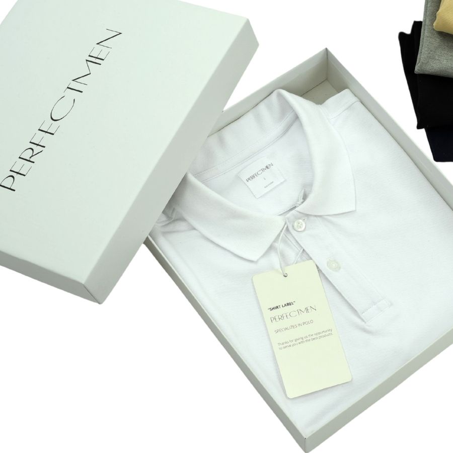 Áo Polo nam cao cấp 100% cotton PERFECTMEN vải cá sấu màu trắng co giãn 4 chiều thoáng mát xuất xịn sang trọng