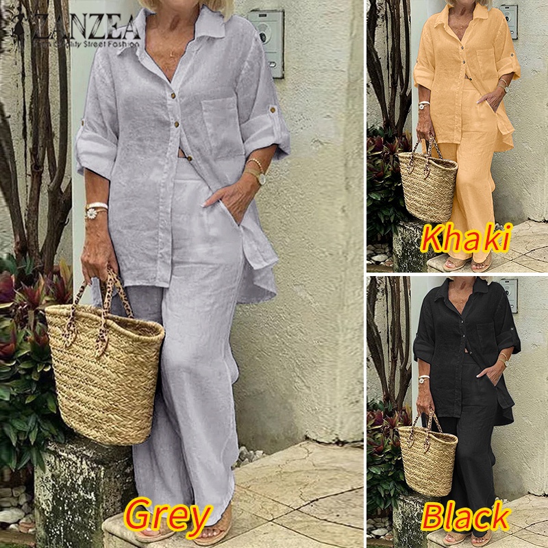 Set đồ ZANZEA gồm áo sơ mi dài tay + quần dài lưng thun thời trang nữ