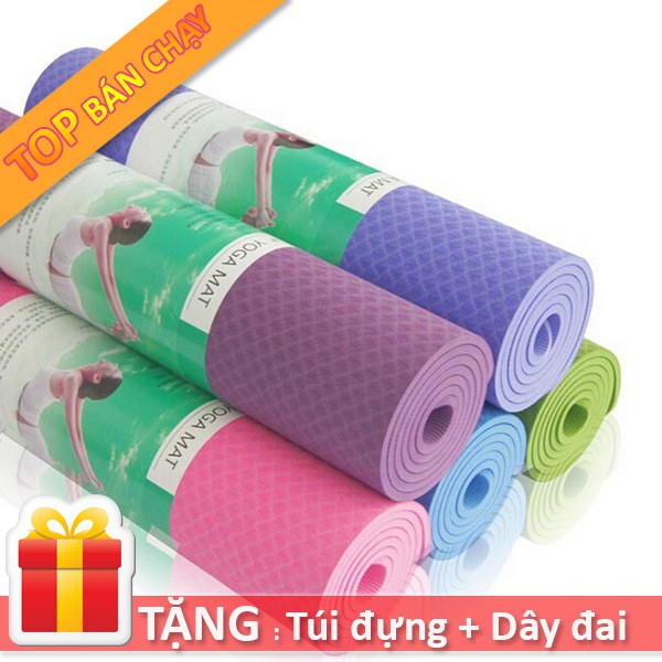 Thảm Tập Yoga/Gym/Thể dục TPE 6mm/1 lớp Đài Loan (Tặng: Túi + Dây buộc) Êm Ái, Siêu bám, Chống Trượt Tốt
