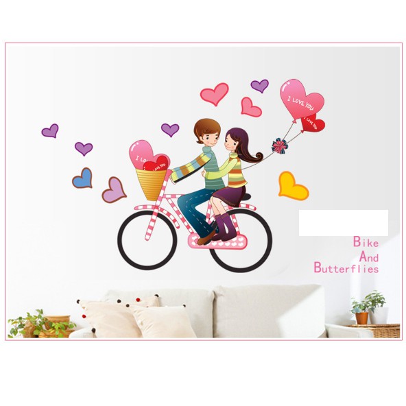 Decal trang trí tường - Đôi tình nhân Chạy Xe đạp Tình Yêu