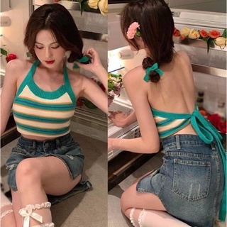 Áo yếm hở lưng len gân croptop kẻ sọc ngang - Order taobao quảng châu