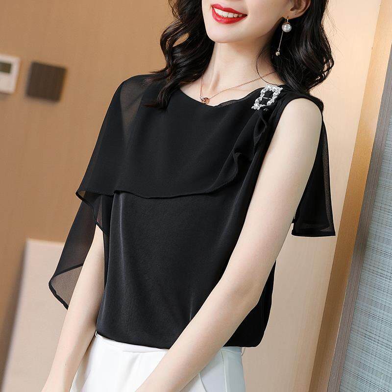 Áo Sơ Mi Chiffon Màu Đen Dáng Rộng Phong Cách Hàn Quốc Thanh Lịch Thời Trang Mùa Hè Dành Cho Nữ