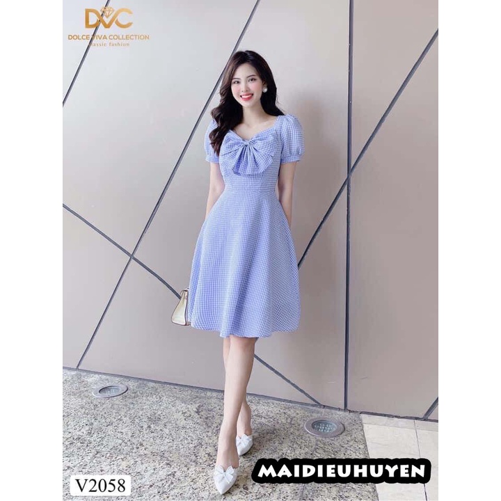 Váy CARO xanh nơ ngực vải kate Nhật DVC-maidieuhuyen MH V2058