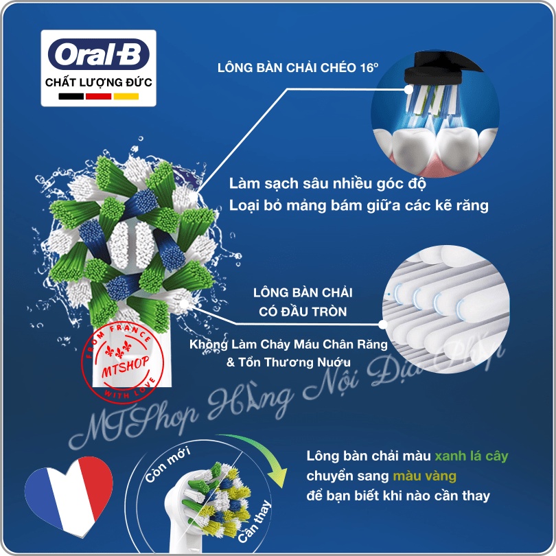 Bàn Chải Điện Oral-B Nội Đia PHÁP Pro 2000/3000: Làm Sạch Sâu, Cảm Biến Áp Lực, Hai Chế Độ Đánh Răng, Chống Nước