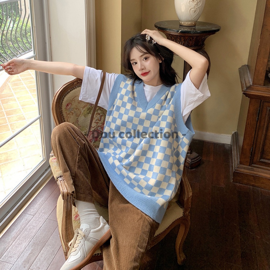 [Nowship2h] Áo gile Unisex họa tiết ô vuông vintage áo len không tay dáng xuông cá tính thời trang thu đông - mã TA010