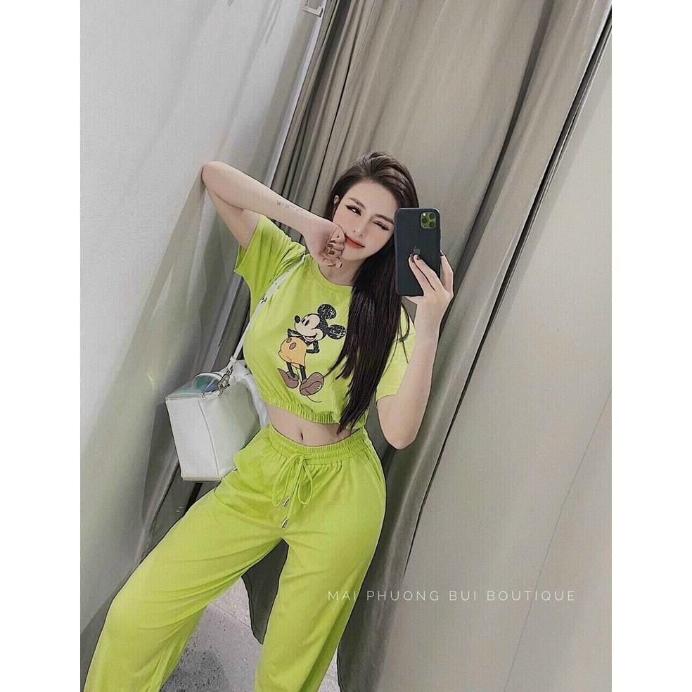 Set bộ da cá in mickey, bộ thun croptop tay ngắn in hình chuột quần ống túm đi chơi cá tính