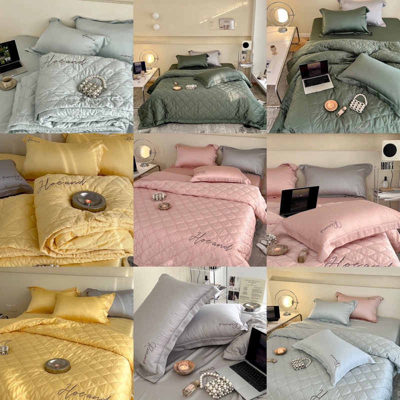 Bộ Chăn Ga Tencel chăn trần hè lồng được ruột thêu chanel thời thượng tone màu páte đơn sắc sang trọng hiện đại