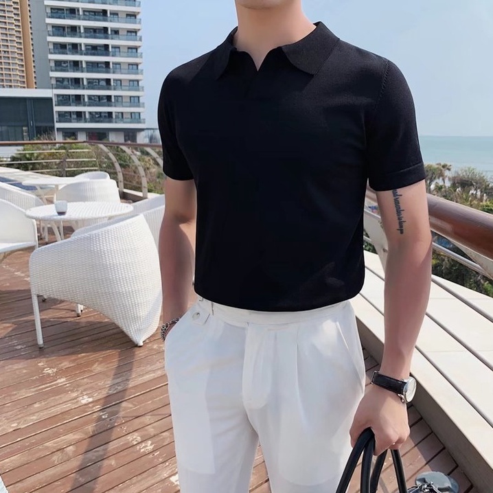 Áo Thun Polo Ngắn Tay Nam Bằng Lụa Lạnh Trơn Thiết Kế Đơn Giản Phong Cách Hàn Quốc Thời Trang Cho fashion áo phông nam áo ngắn tay có cổ