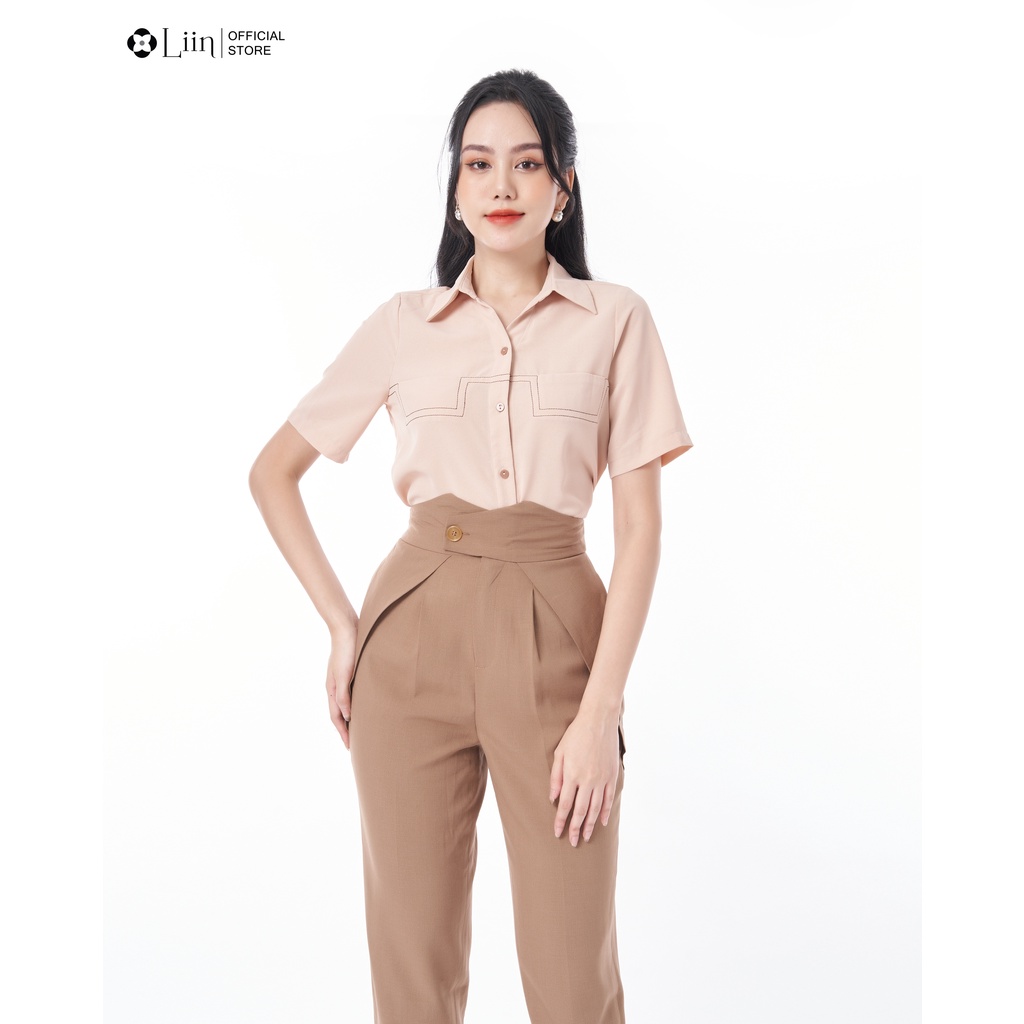 Quần baggy nữ linbi cách điệu cạp màu nâu mix cúc chéo trẻ trung, mặc tôn dáng liin clothing Q3453