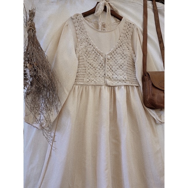 Set Đầm Gà Vintage phối ren kem