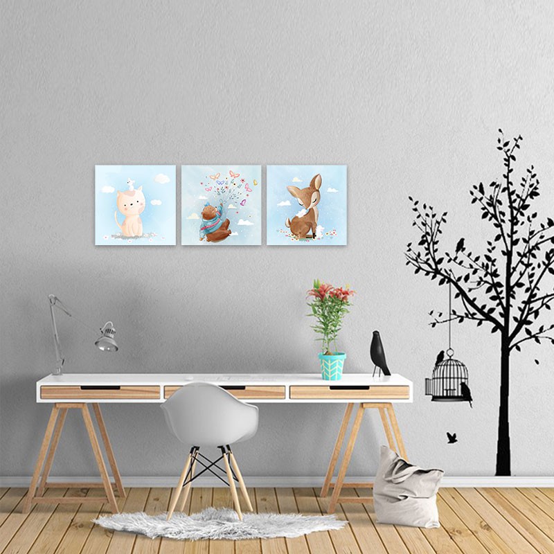 [Siêu rẻ] Bộ 3 tranh cho trẻ em “Những con vật đáng yêu” | Tranh trang trí phòng ngủ em bé R3378 - tặng vòng phong thủy