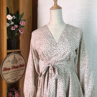 Jumpsuit chấm bi thắt eo - Hình thật