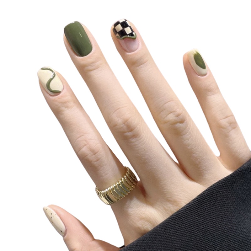 Bộ 24 Móng Tay Giả Họa Tiết Caro Kiểu Pháp Có Thể Tháo Rời Kèm Gel Thạch