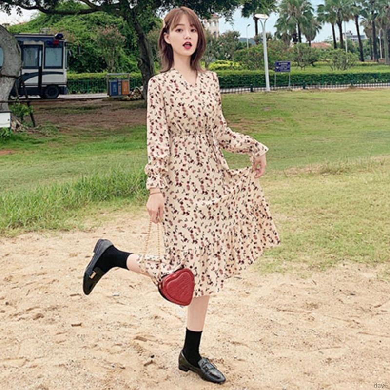 Đầm hoa nữ tay dài kiểu Hàn Quốc dịu dàng đáng yêu | BigBuy360 - bigbuy360.vn