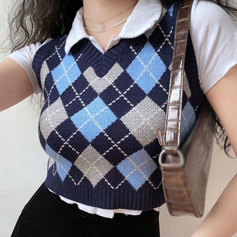 Áo tank top dệt kim cổ V họa tiết sọc caro màu tương phản thời trang cá tính cho nữ