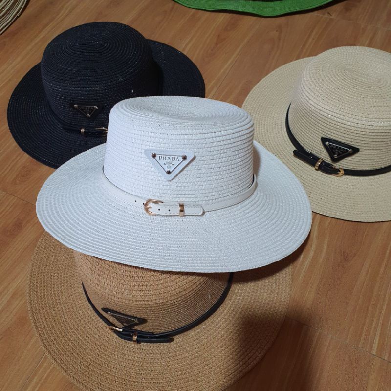 Mũ dạ mũ cói vành nhỏ đai da tag PRAD A siêu sang chảnh