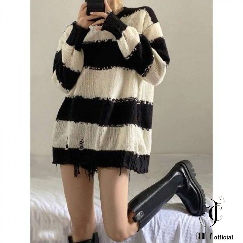 Áo len nữ CIMOTY Áo sweater dệt kim form rộng màu trắng đen phong cách hàn quốc
