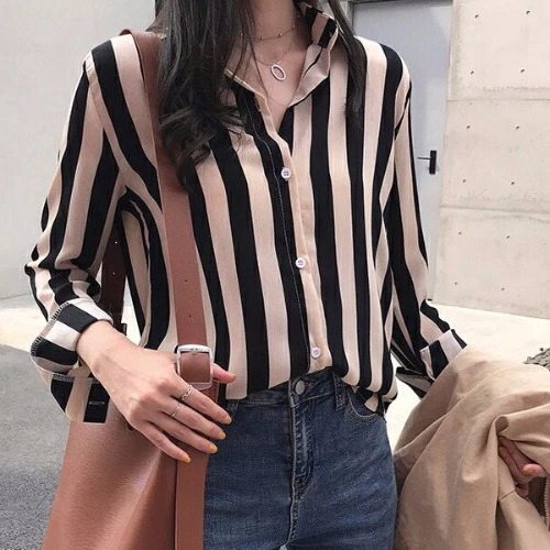 IELGY  Áo Sơ Mi Tay Dài Dáng Ôm Họa Tiết Kẻ Sọc Thời Trang Dành Cho Nữ