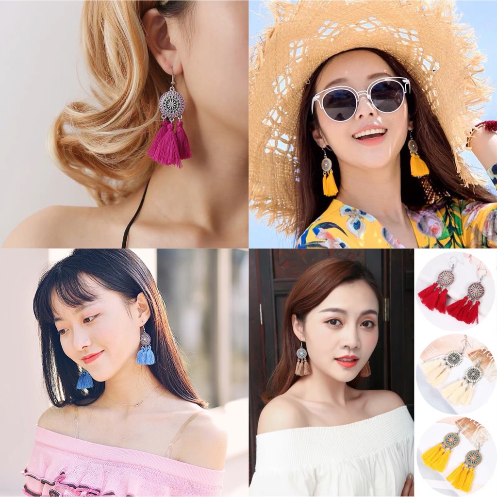 bông tai o tròn họa tiết phối vải sợi nhiều màu