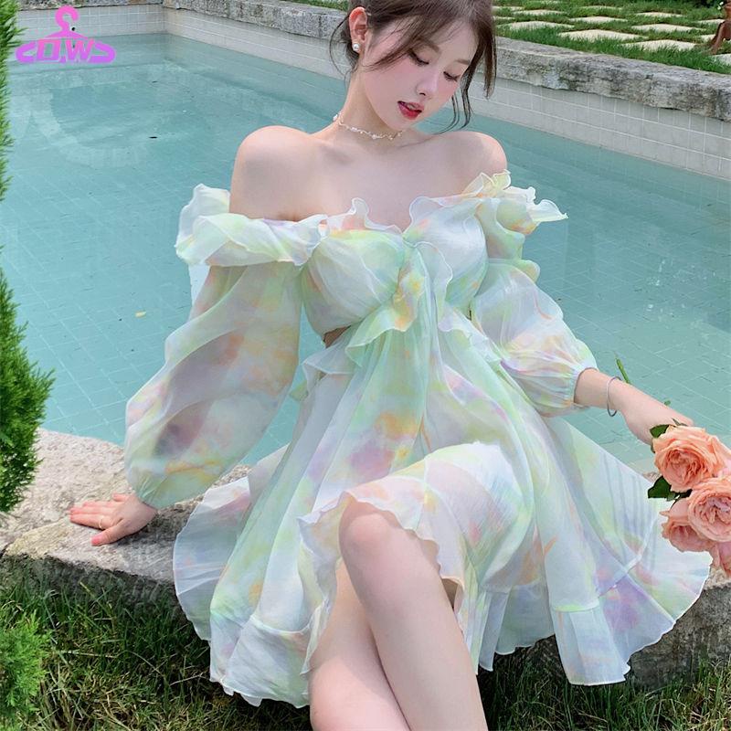 Váy babydoll Đầm Tay Dài Cổ V Thời Trang Mùa Thu Phong Cách Mới Cho Nữ