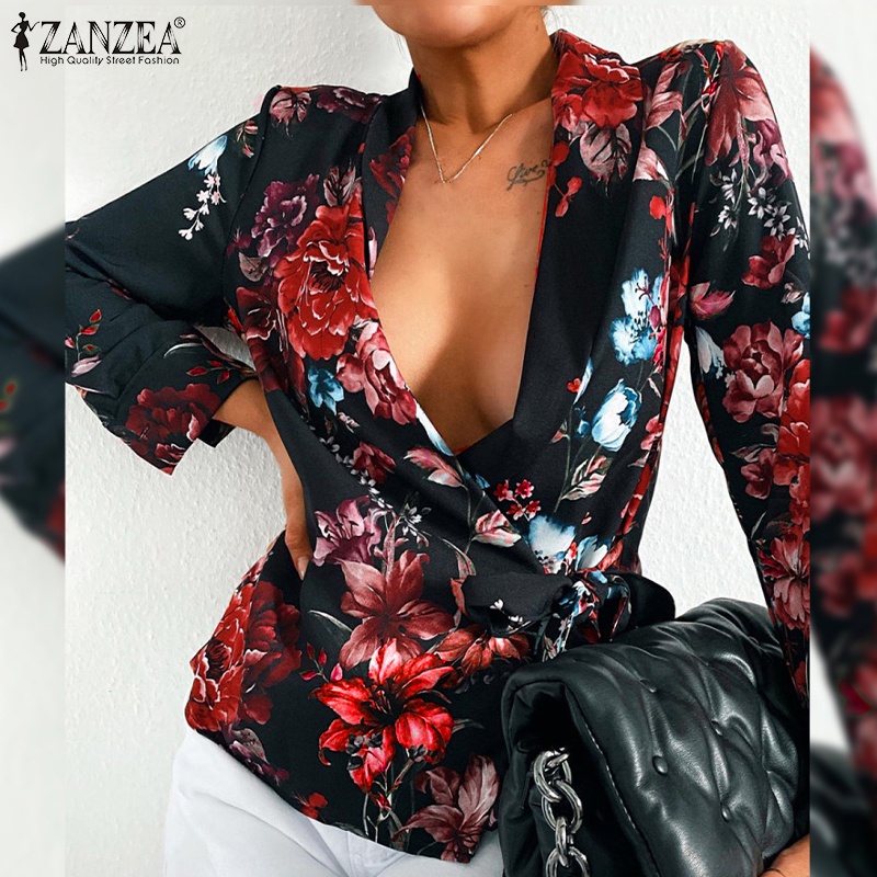Áo khoác blazer nữ ZANZEA tay dài cổ đắp chéo in hoa phong cách châu Âu