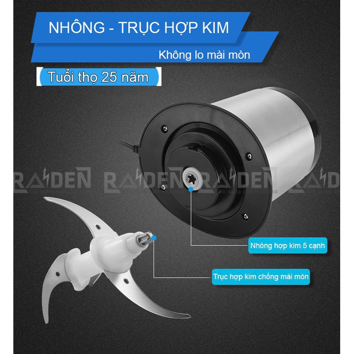 Máy Xay Thịt Cá Raiden RD-202 Inox 304 Công Suất 350W Dung Tích 1.8L Bộ Dao 4 lưỡi Thép Không Gỉ S30V - Hàng Chính Hãng