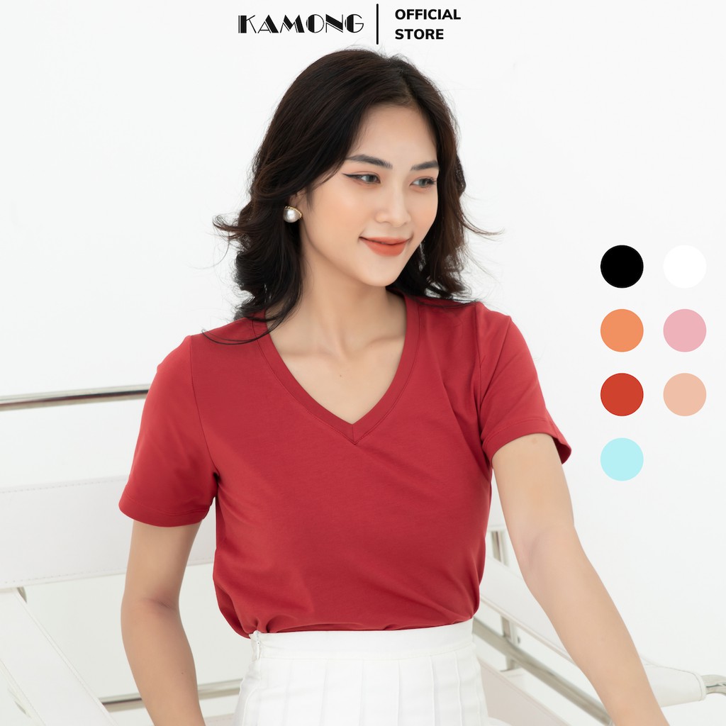 Áo thun nữ cổ tim tay ngắn KAMONG vải cotton 100% cao cấp