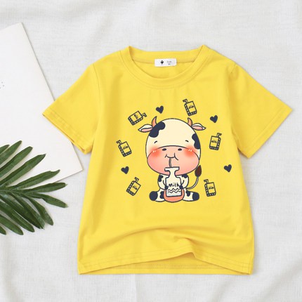 áo thun cotton day mịn cho bé trai bé gái-áo thun ngắn tay họa tiết bò sữa vui nhộn