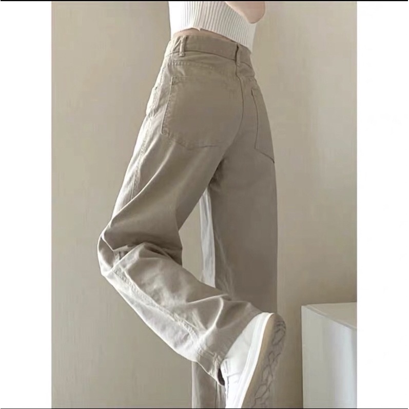 (Ảnh thật sau) Quần Jean Ống Rộng Feelfree Suông Cạp Cao Màu Kem (Có Bigsize Cho Người Mập) QJ04