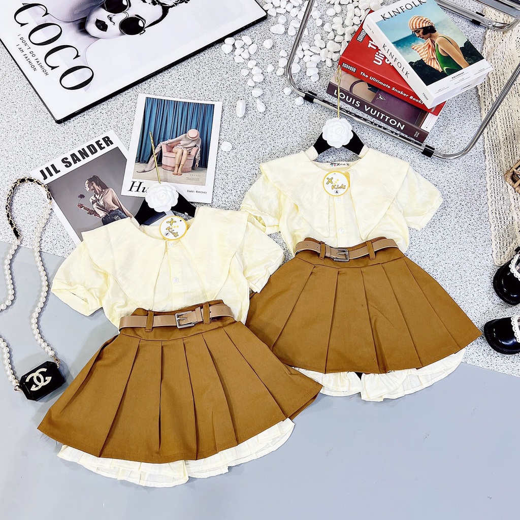 Set áo sơ mi kiểu kèm quần váy có thắt lưng