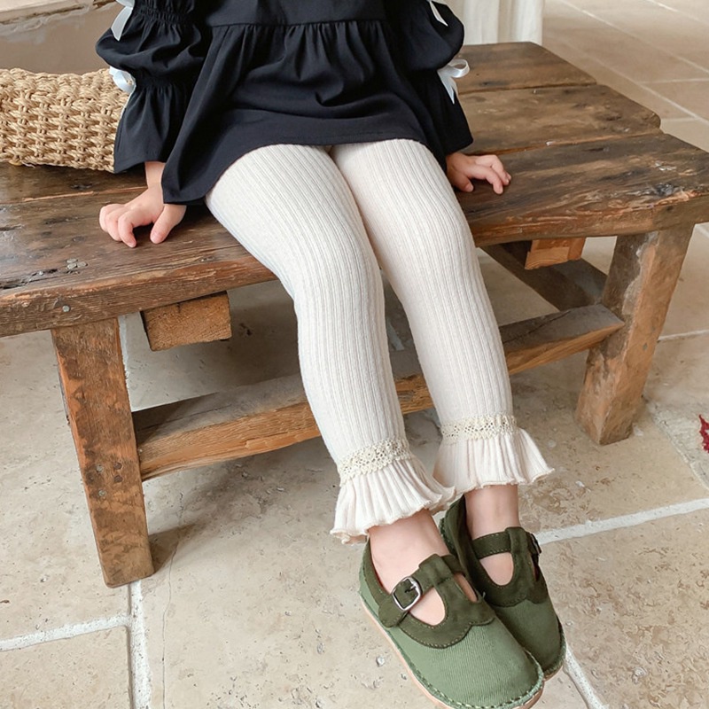 Quần legging màu trơn phối ren xinh xắn thời trang mùa thu theo phong cách hàn quốc cho bé gái