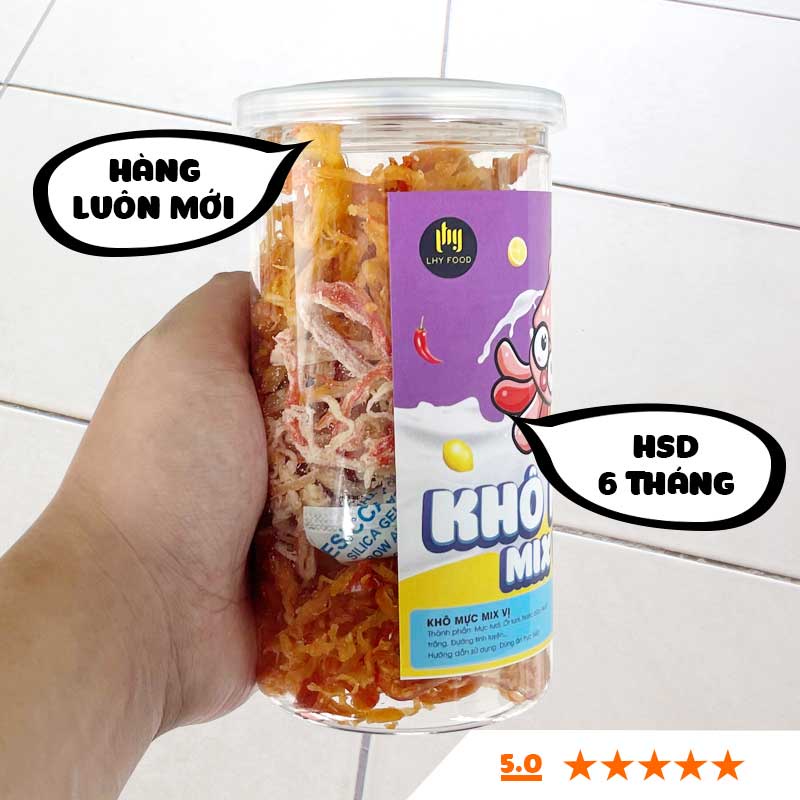 Khô mực mix 2 vị khô mực hấp xé sợi, mực sợi sốt chanh Tomyum cay hộp 250g đồ ăn vặt Hà Nội