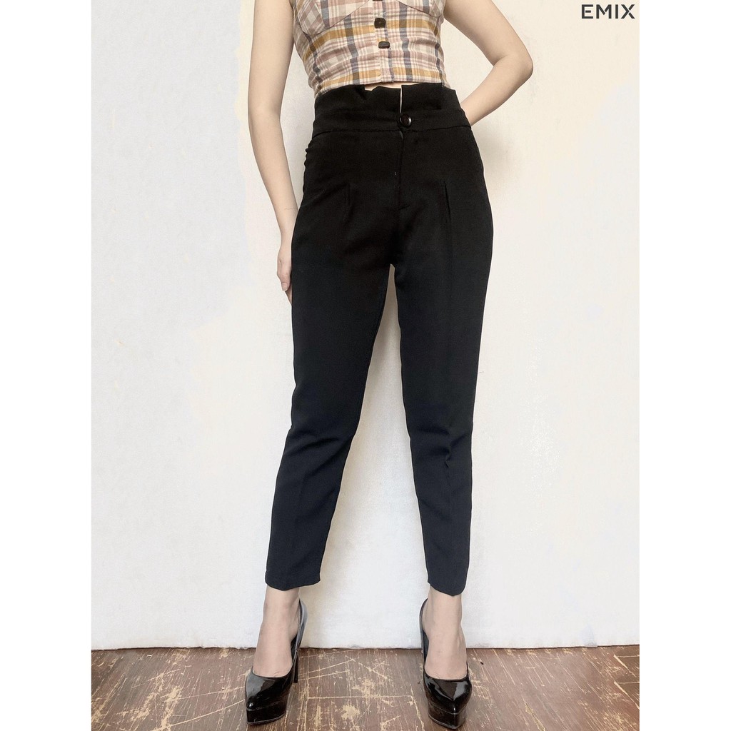Quần tây nữ baggy công sở cạp bèo EMIX (2 màu), cạp cao, bèo, khóa giữa, dáng dài, vải tuyết mưa mềm mịn, giãn nhẹ