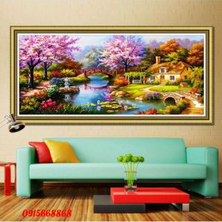 Tranh thêu chữ thập ngôi nhà mùa xuân ấm áp tuyệt đẹp kt 160*90cm