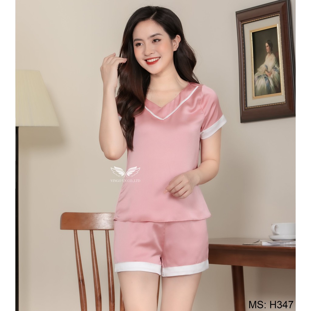 VINGO Bộ Đồ Mặc Nhà Nữ Lụa Hàn Trơn Kiểu Pyjama Tay Cộc Quần Cộc Cổ V H347 VNGO - TCQC | BigBuy360 - bigbuy360.vn