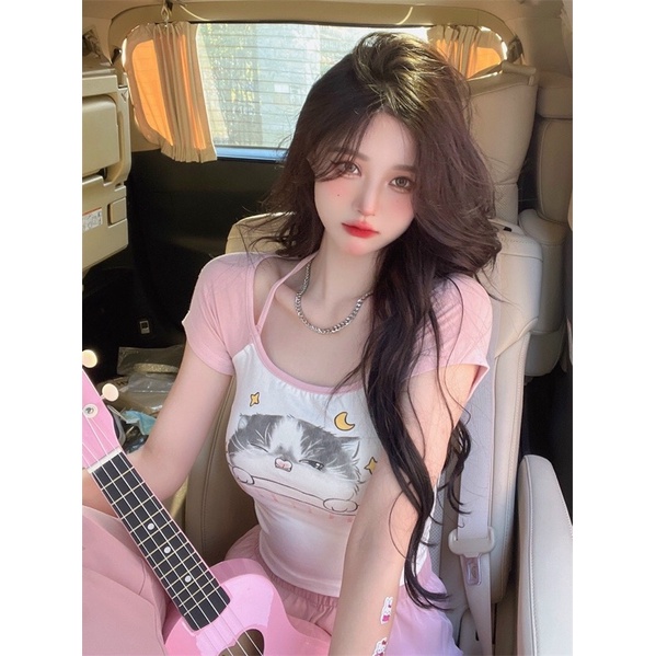 Áo croptop GB MÈO ĐÊM tay ngắn cổ vuông hình in siêu cute dễ thương cho Nữ - alohashop91