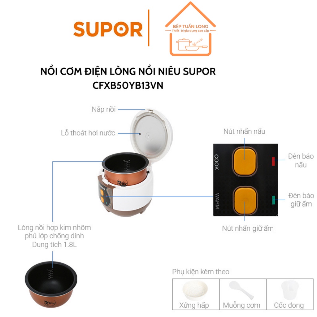 Nồi Cơm Điện Lòng Niêu Supor 50YB13VN, 1,8L - Hàng Chính Hãng Bảo Hành 12 Tháng