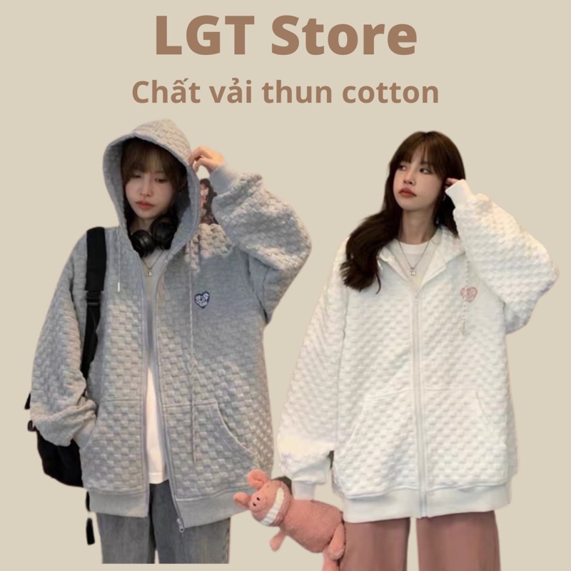 Áo khoác hoodie  form rộng chất vải đan vuông thêu trái tim siêu đẹp