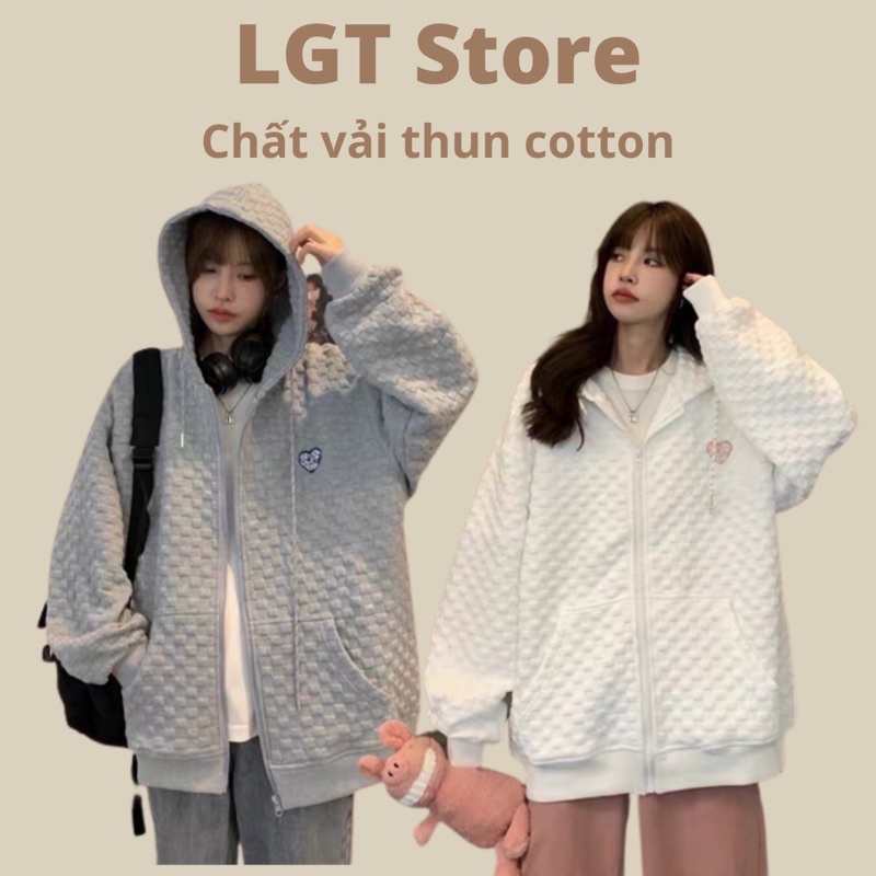 Áo khoác hoodie (có ảnh thật) form rộng chất vải đan vuông thêu trái tim siêu đẹp