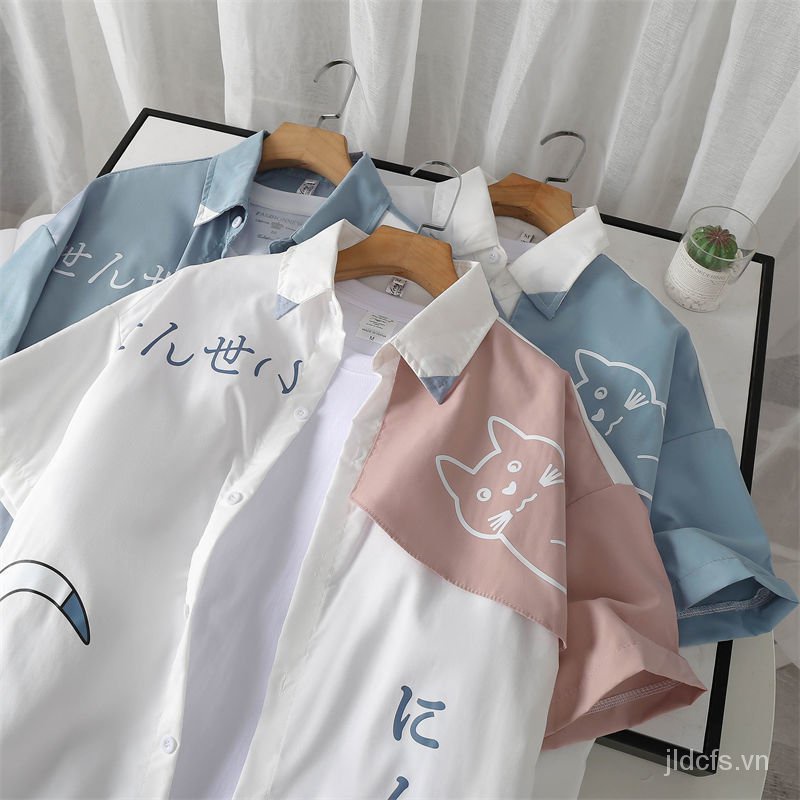 Áo sơ mi dài tay dáng rộng in hình mèo phong cách Nhật Bản/ Hàn Quốc thời trang cho nữ sinh