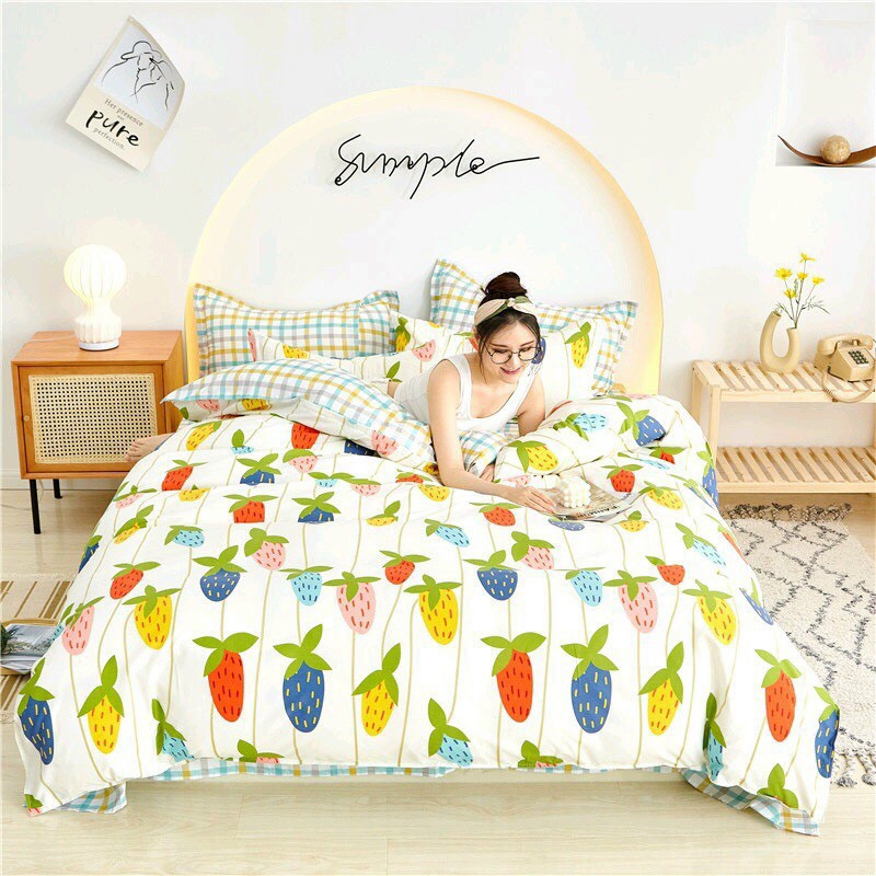 Bộ chăn ga gối drap giường chất cotton poly họa tiết dâu nhiều màu