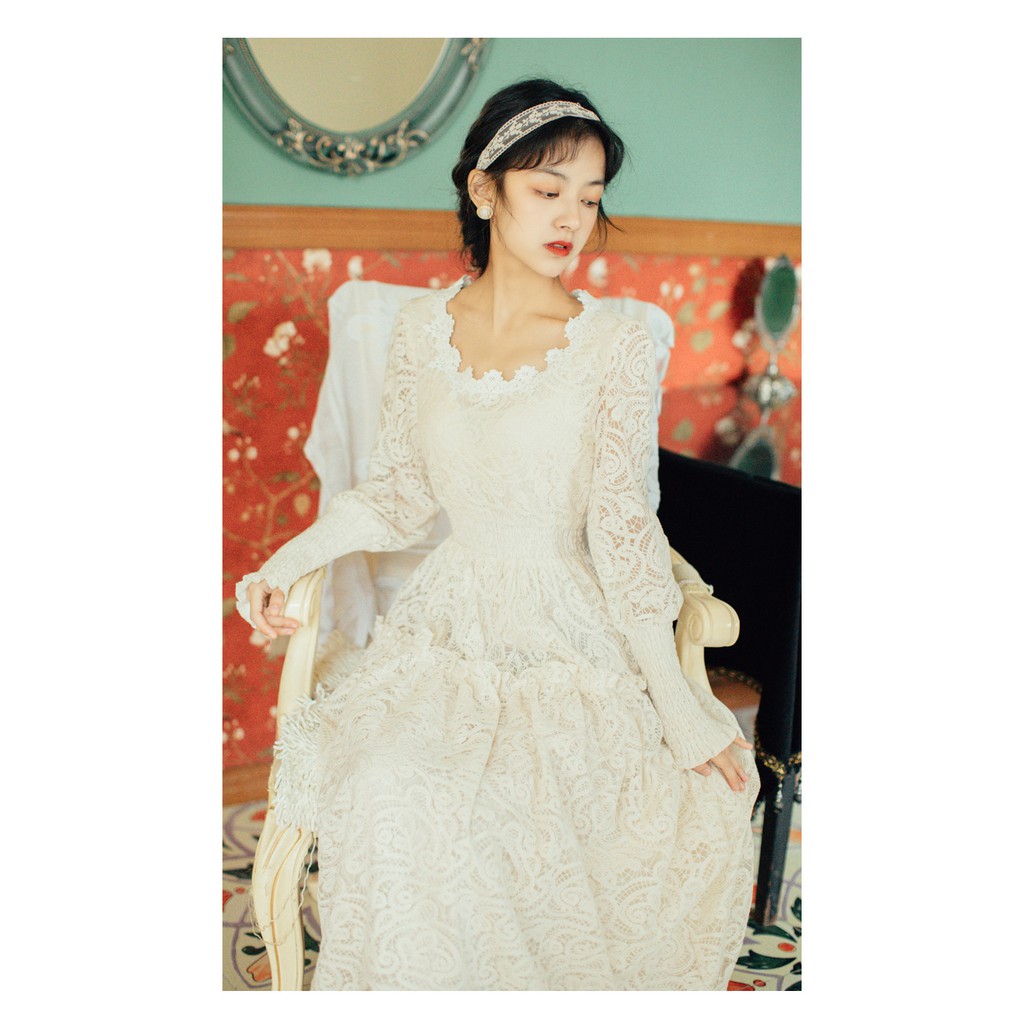 [Order] Đầm ren trắng tay dài DON103 váy nữ thời trang PINK XINH thích hợp váy cưới xứ lạnh mùa đông