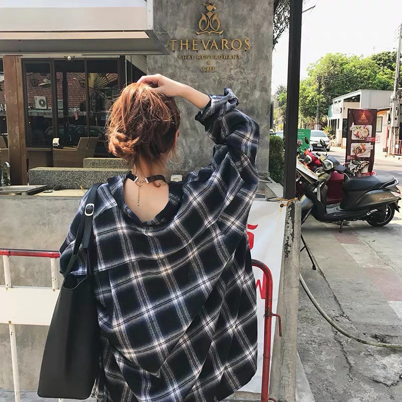 Áo Khoác Sơ Mi Tay Dài Dáng Rộng Họa Tiết Caro Kiểu Retro Phong Cách Hàn Quốc