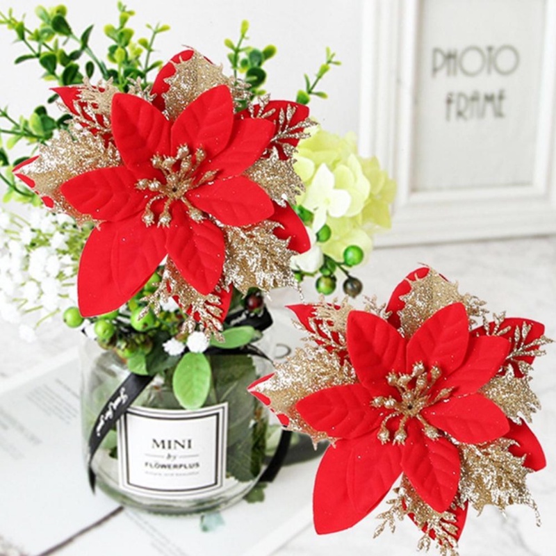 Bộ 5 Bông Hoa / Cây Thông Giả Bằng Nhựa / Bột Vàng Lấp Lánh Trang Trí Tiệc Giáng Sinh / Năm Mới