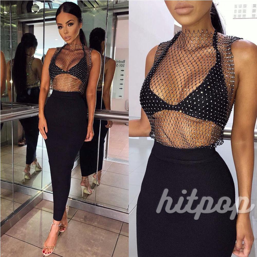 Áo Lưới Không Tay Xuyên Thấu Đính Đá Gợi Cảm Cho Nữ