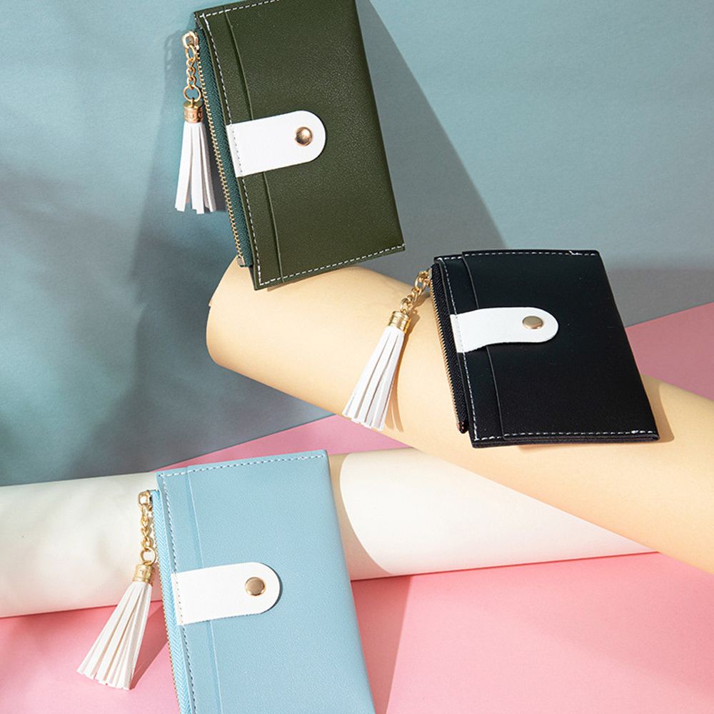 LANFY Ví đựng thẻ xe buýt/tiền/thẻ ngân ahfng bằng da PU phối tua rua cỡ nhỏ dáng mỏng cho nữ gồm nhiều màu