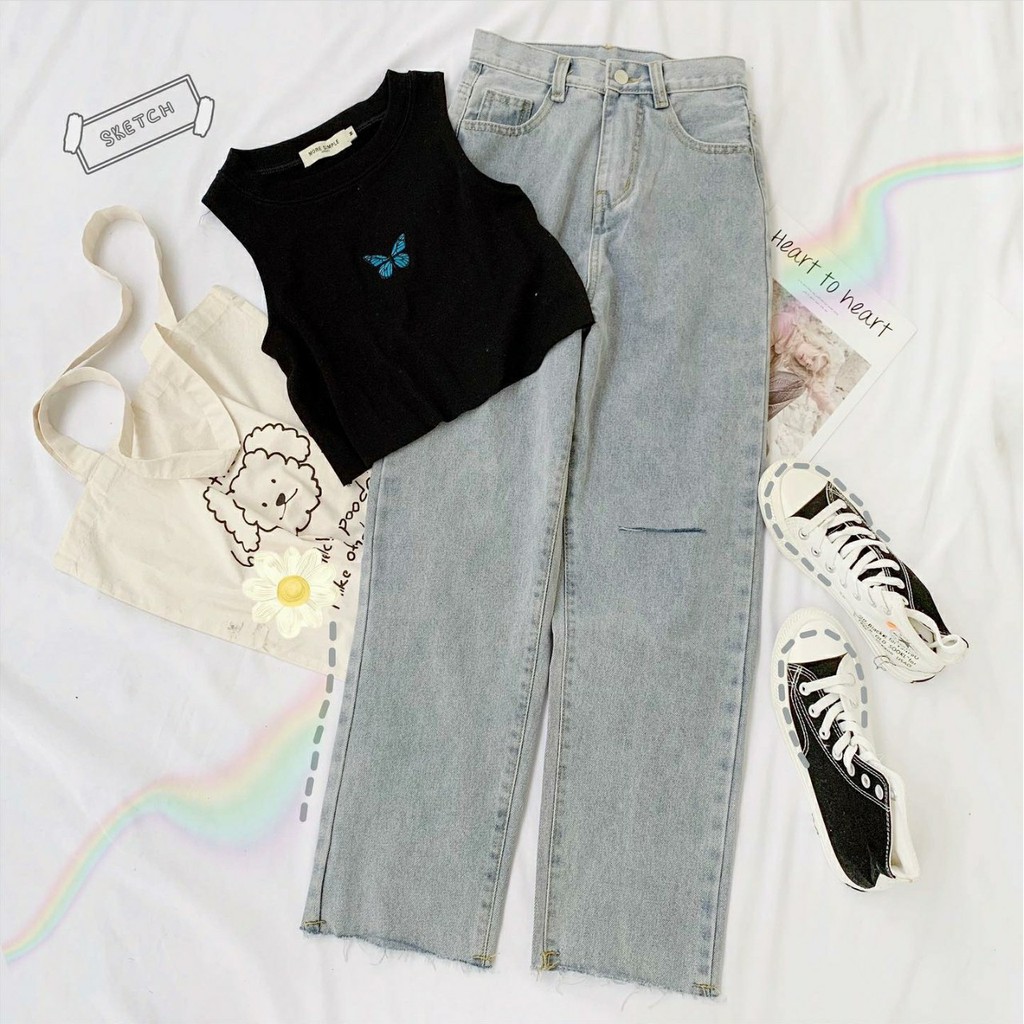 Áo Croptop Thêu Bướm Ulzzang (3 Màu)