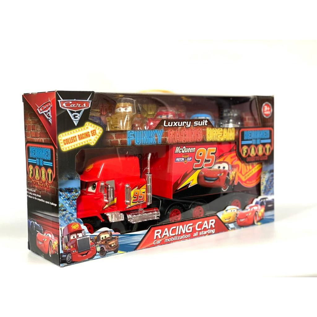 Bộ xe tải Mc Queen chở xe con, bộ 8 ô tô đồ chơi chạy đà nhân vật film car, xe tải McQueen điều khiển tặng kèm pin