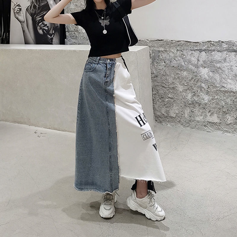 [LININ] Chân Váy Denim Lửng Eo Cao Vừa Vặn Ghép Mảnh Ghép Mảnh Ghép Vải In Chữ Thời Trang Phong Cách Mùa Hè